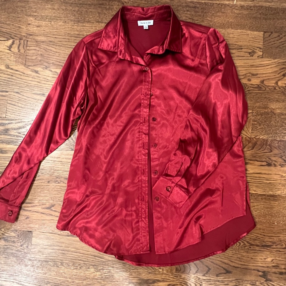 Red Satin Button-Up Shirt